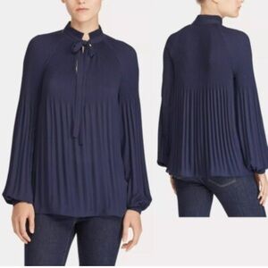 Ralph‎ Lauren Women’s Navy Tie Neck Pleated Top Size Medium